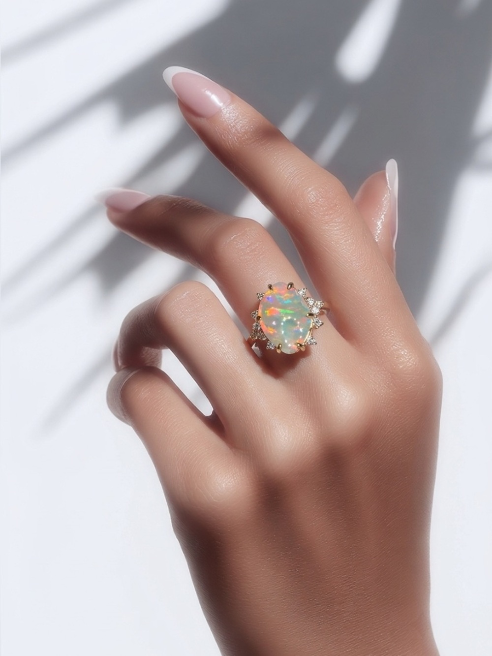 Australian Opal and Diamond Halo Ring in 14k Yellow Gold - Iridescent Opal